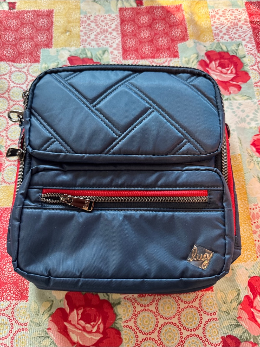 lug Navy Quilted Messenger Bag with Red Accent
